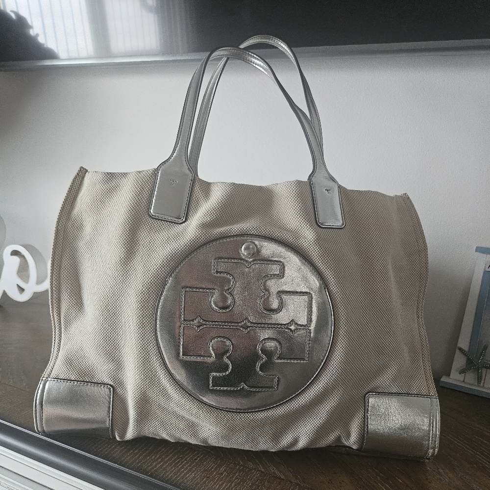 Tory Burch Silver and Cream Tote Bag GUC